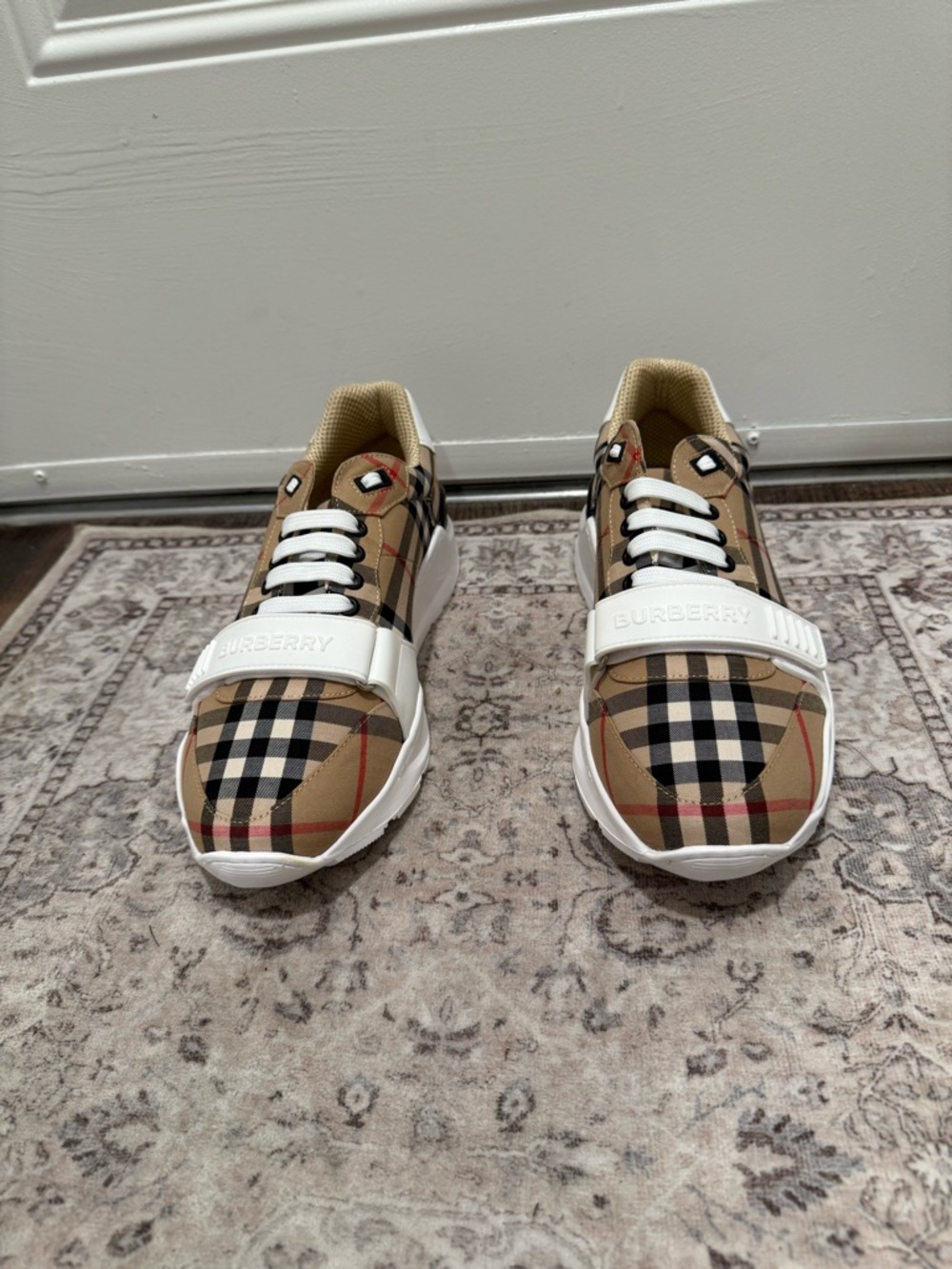 Burberry Beige Classic Check Low-Top Sneakers with White Strap